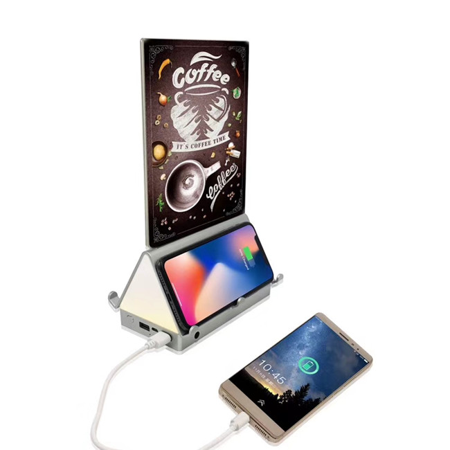 Factory Price Custom Logo Menu Power Bank Restaurant Standing Table Menu Wireless charging